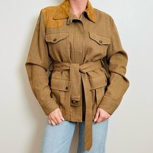 Classic Ralph Lauren Women's Tan Suede Houndstooth Belted Jacket Blazer Spring